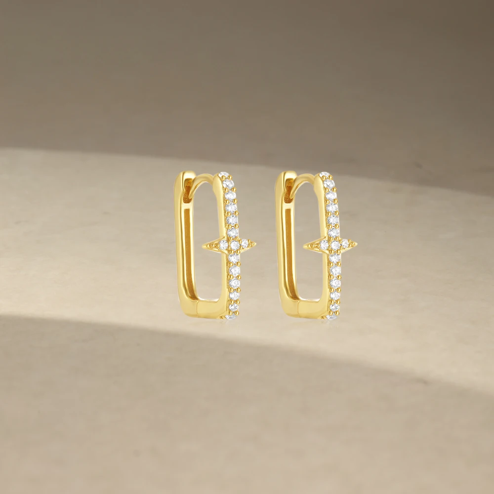 CANNER 925 Silver Four Pointed Star Square Hoop Earrings For Women 18K Gold Plated Vintage Flower Green Zircon Ins Fine Jewelry