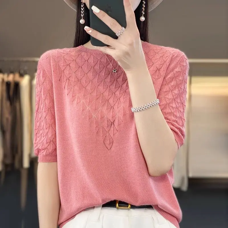 Summer Clothing Women Loose Hollow Out T-shirt Solid Round Neck Half Sleeve Versatile Fashion Casual Vintage Thin Knitted Tops