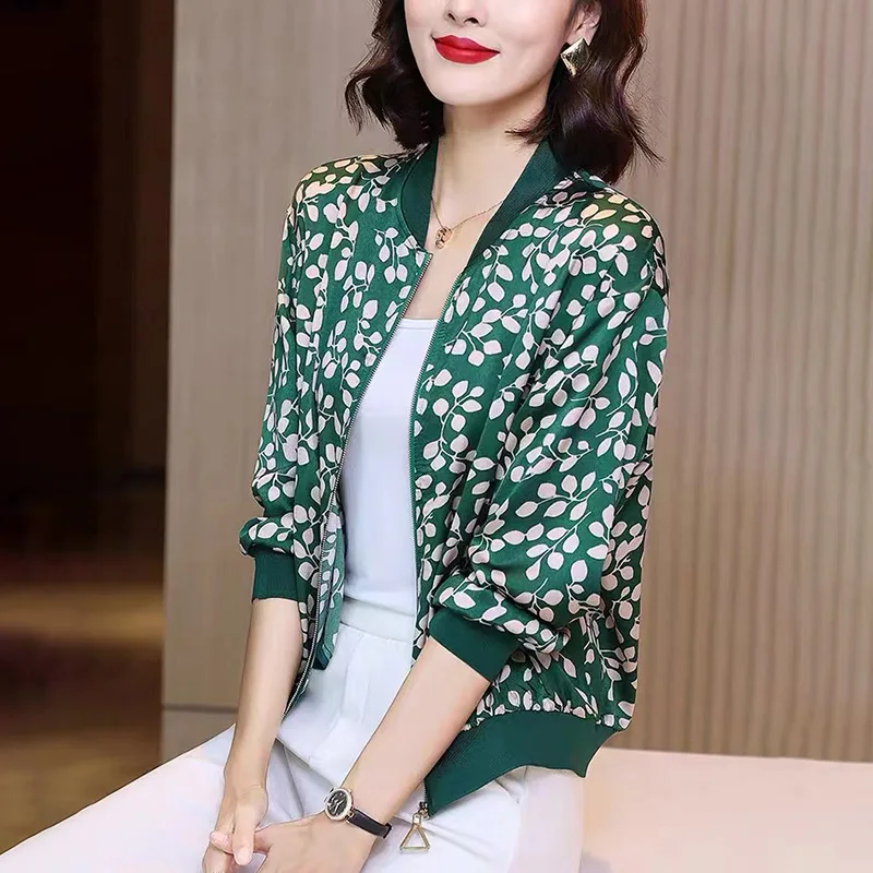 Size M-5XL Women Chiffon Green Flowers Printing Jacket Spring Summer Sunscreen Thin Coat Cardigan Female Long Sleeve Tops