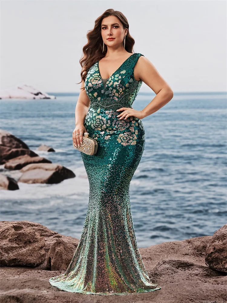 Lucyinlove Plus Size Elegante scollo a V Paillettes Abiti da sera Lunghi Nuove donne di lusso Formali Sirena Abiti da cocktail per feste di nozze