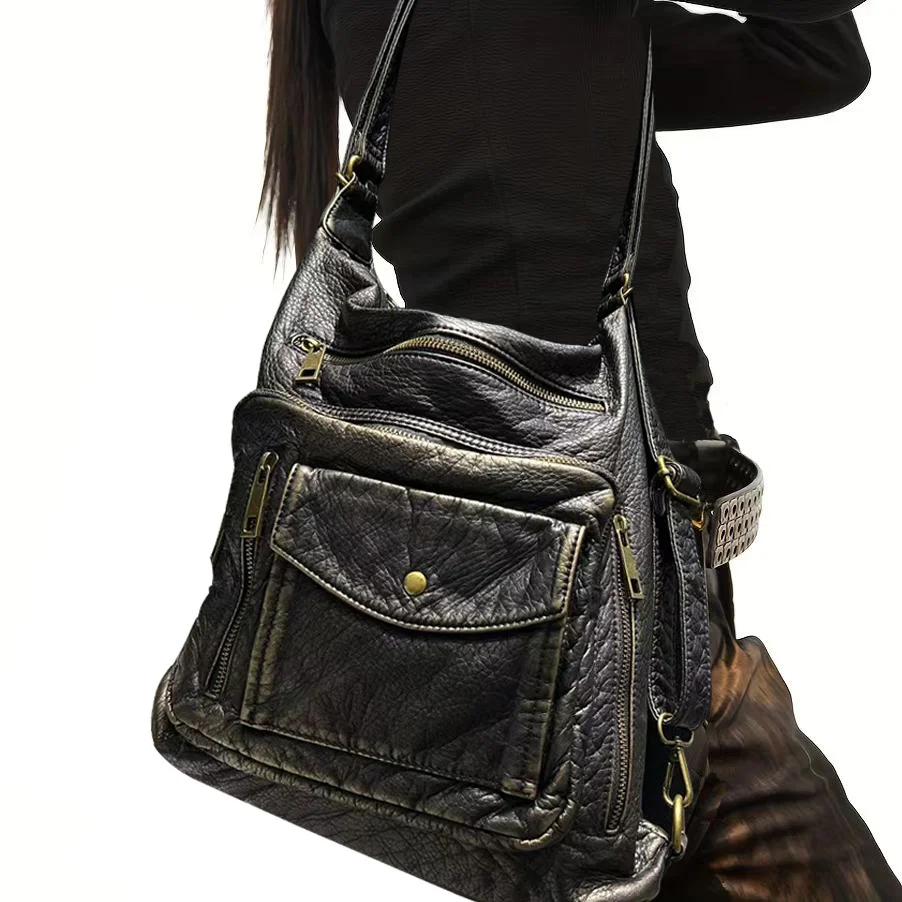 

Ladies' fashionable washed and worn Y2K hot girl motorcycle tote bag, large capacity rivet vegan leather shoulder bag