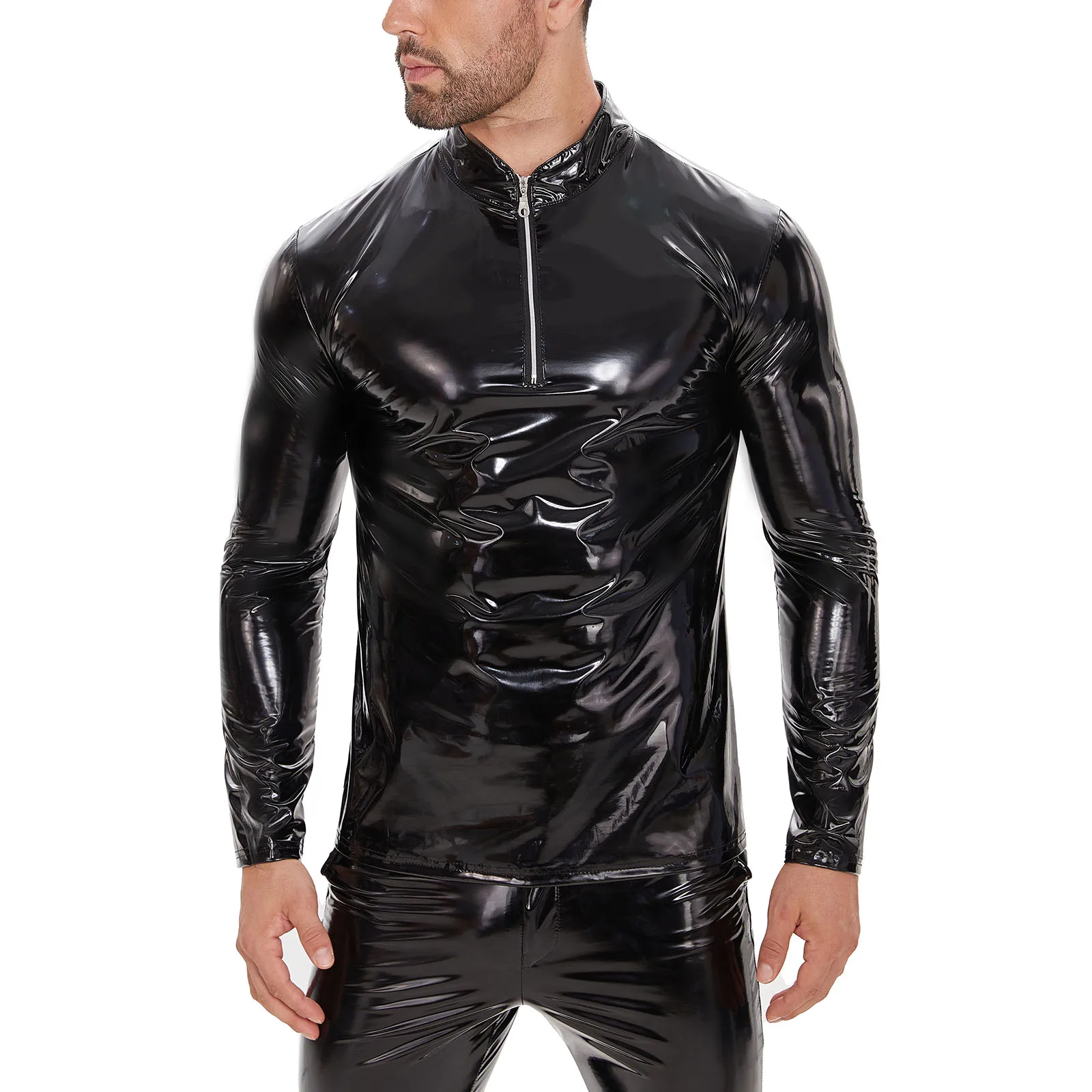 Plus Size Mens Shiny Leather Shirt Long Sleeve Glossy PVC Leather Tops Male Wetlook Latex Shaping Casual Coat Sexi