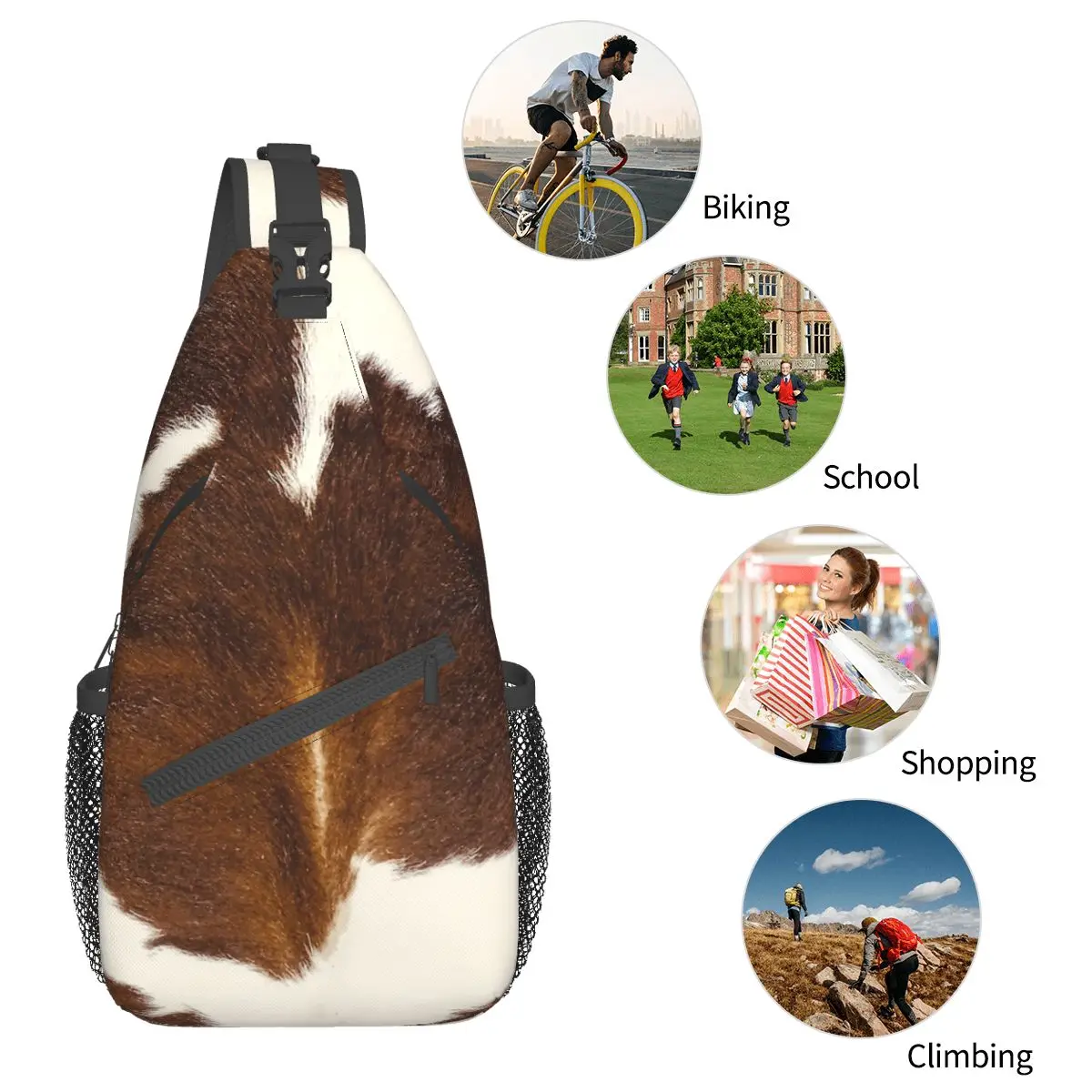 Braune Kalb Rindsleder Schulter taschen Brust Cross body Schulter Schlinge Rucksack Wandern Reise Tages rucksäcke Kuh Tier Fell lässige Tasche