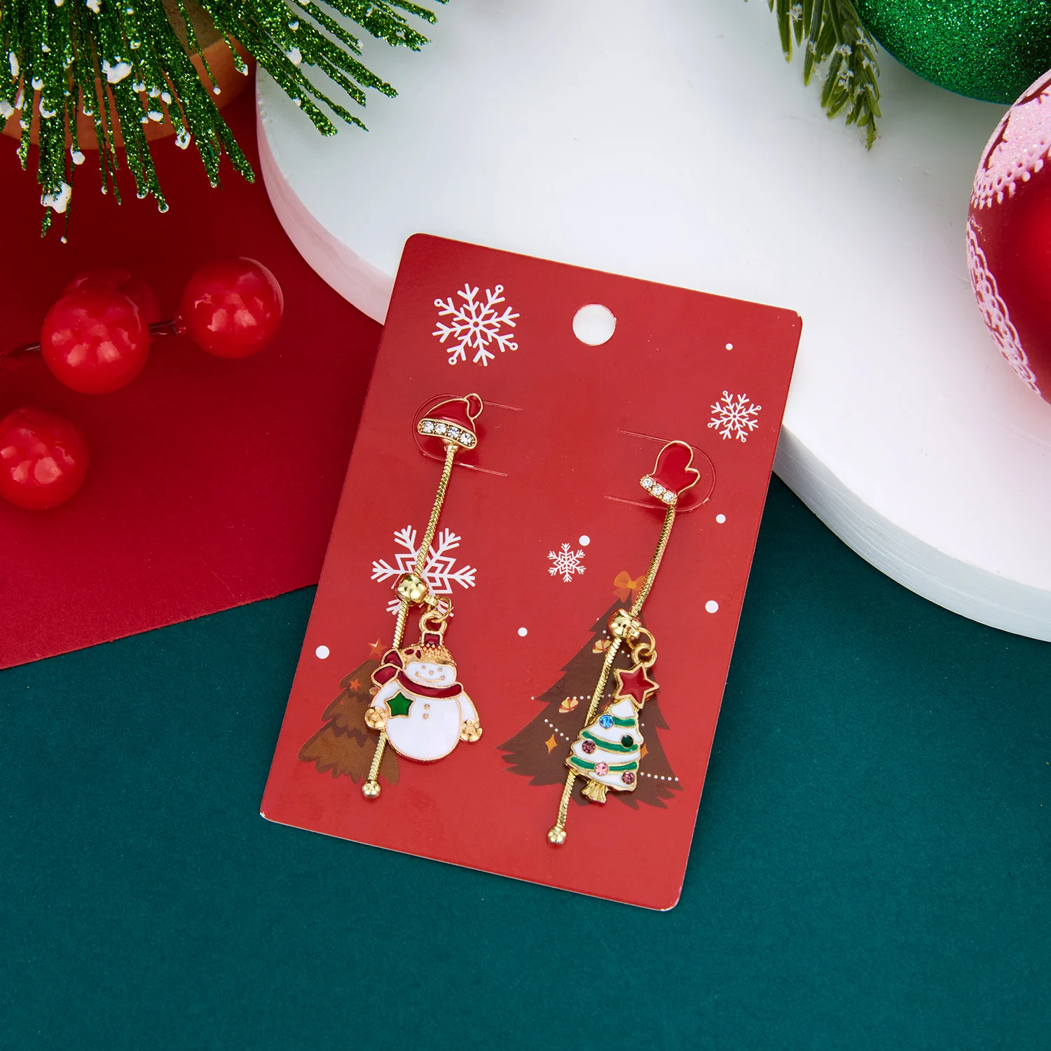 Christmas Asymmetric Drop Earrings for Women, Santa Hat Mitten Gift Box Long Dangle Earrings Holiday Party Jewelry Gift for Her
