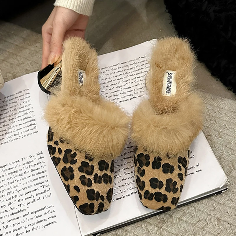 

Leopard Women High Heels Slippers Snow Boots Designer Fur Chunky Shoes 2025 Winter New Fashion Mules Plush Home Cotton Slippers