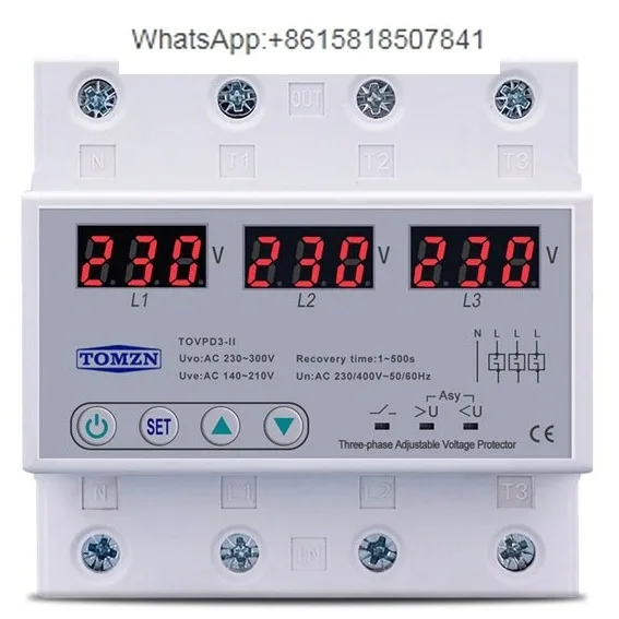 

Single display three-phase adjustable over-voltage and under-voltage protector automatic recovery protector reset 63A 230V