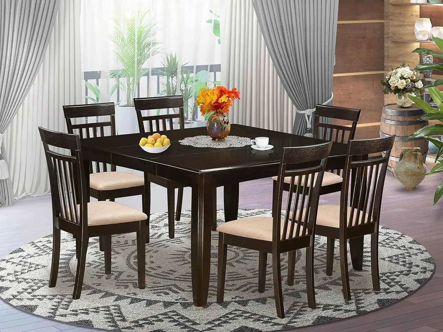 7 Piece Kitchen Table Set Consist of a Square Dining Table with Butterfly Leaf and 6 Linen Fabric Dining Room Chairs, 54x54 Inch