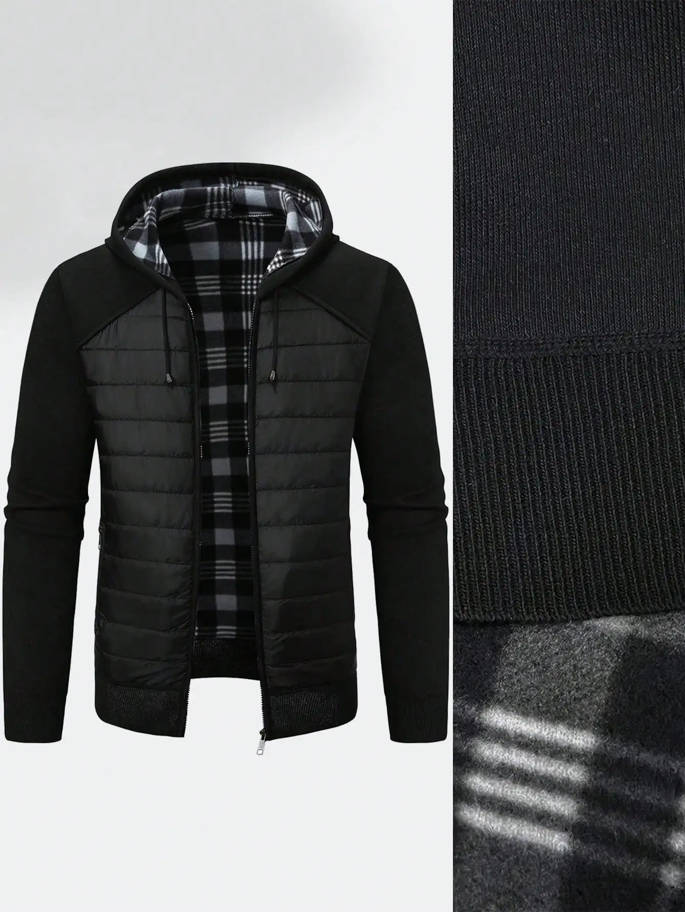 

Men's Black Hooded Zip-Up Cardigan with Plaid Lining and Raglan Sleeves