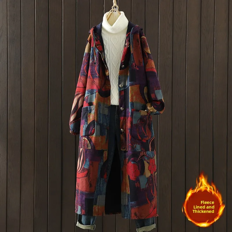 Jaqueta de aodão de lã espada retrô longo solto cobrindo a barriga impro casaco com capuz outono inverno novo estilo ...