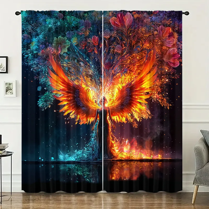 Flame wing tree pattern curtains, pole-mounted installation. Suitable for living rooms, bedrooms, dining rooms and hotels.