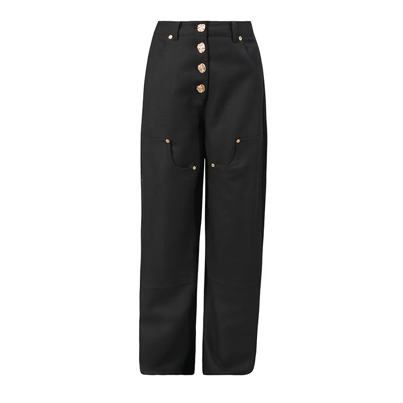ZAMOR HIGH STREET Women High Waist Wide Leg Pants Button Rivet Design Versatile Straight Casual Trousers 2026 New