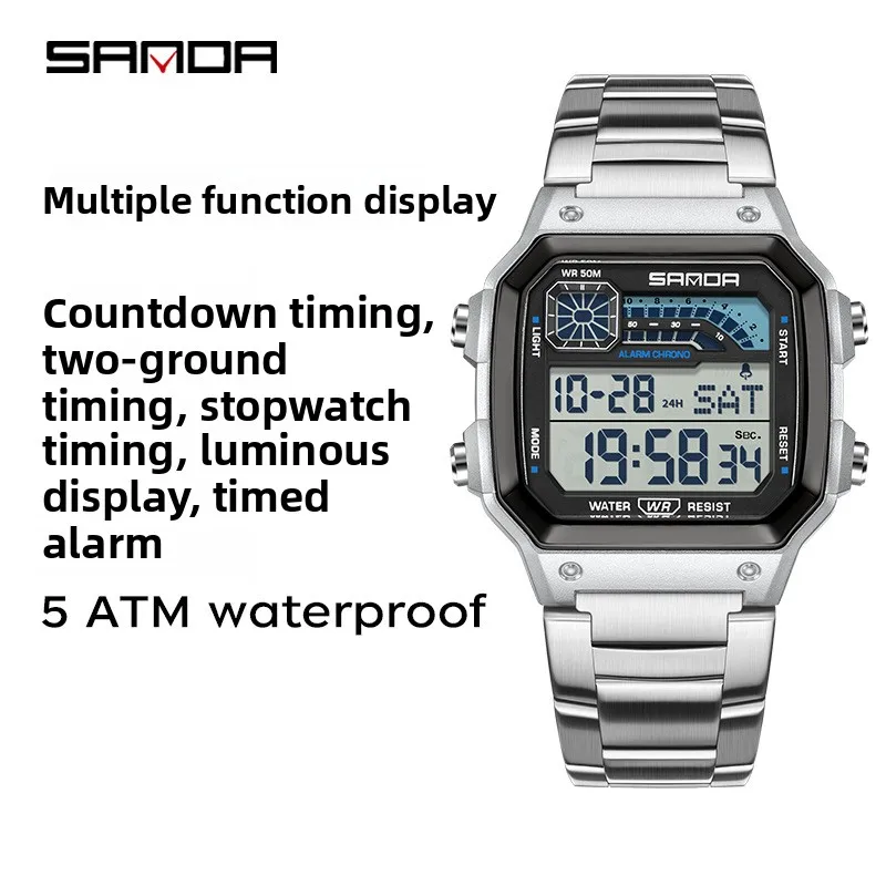 SANDA นักเรียนกีฬาอิเล็กทรอนิกส์นาฬิกาผู้ชายคลิกเดียวไฟกลางคืน + เวลาคู่ + นาฬิกาปลุก 5ATM กันน้ำนาฬิกาจับเวลาถอยหลัง