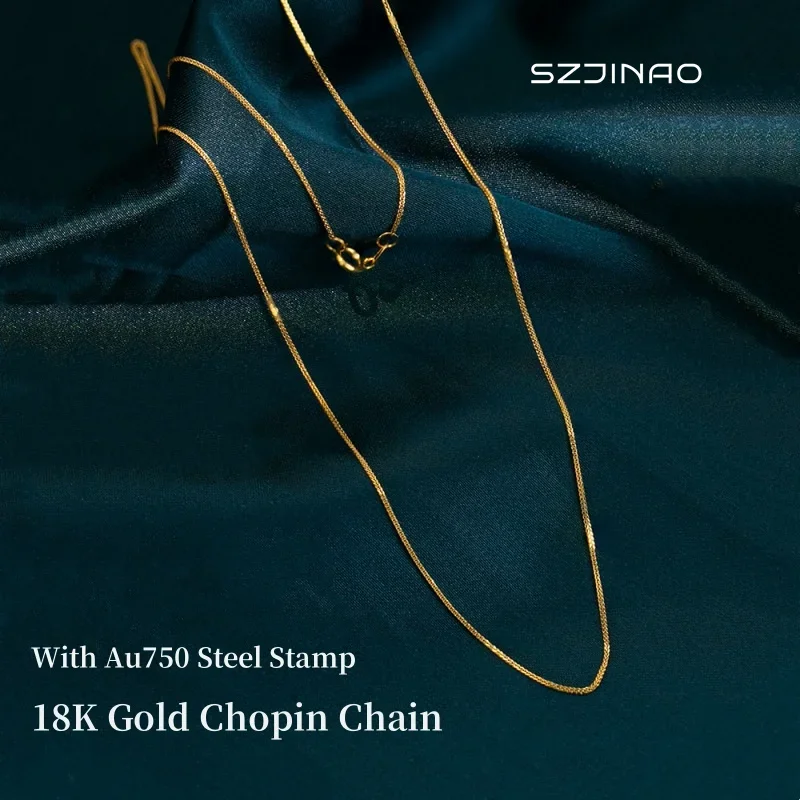 18k Gold Necklace Chopin Chain Au750 Steel Stamp 100% Genuine for Women Anniversary Gift Trendy Jewelry Suitable for Pendants