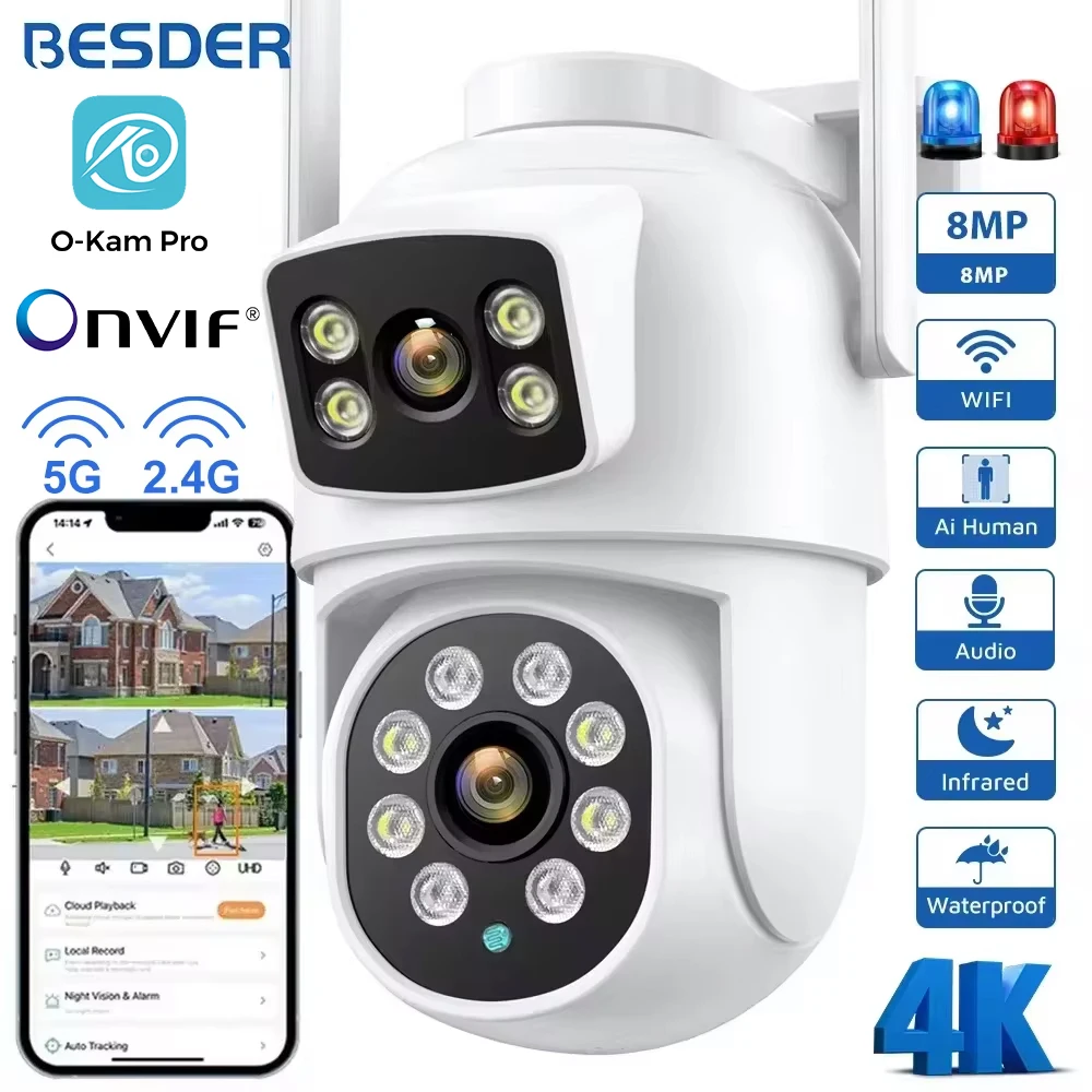 BESDER 4K 8MP Wifi Camera PTZ Outdoor Dual Screens Human Detection Dual Lenses 4MP Security Protection IP Camera Audio iCSee App