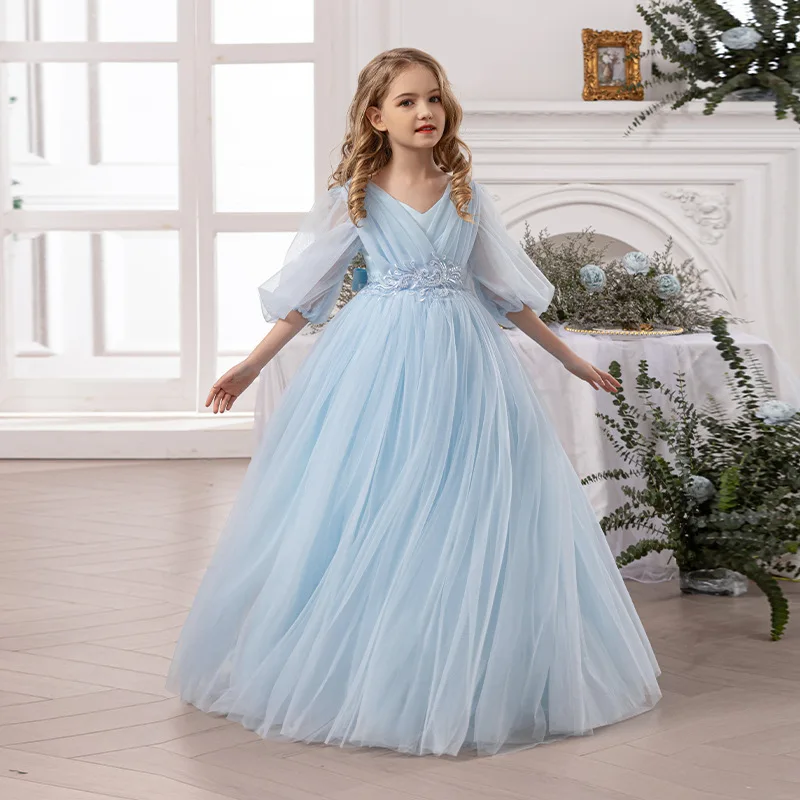 Vestido cerimonial da menina branco tule vestido de princesa baile de formatura festa de aniversário roupas de bebê casamento piano executar vestido