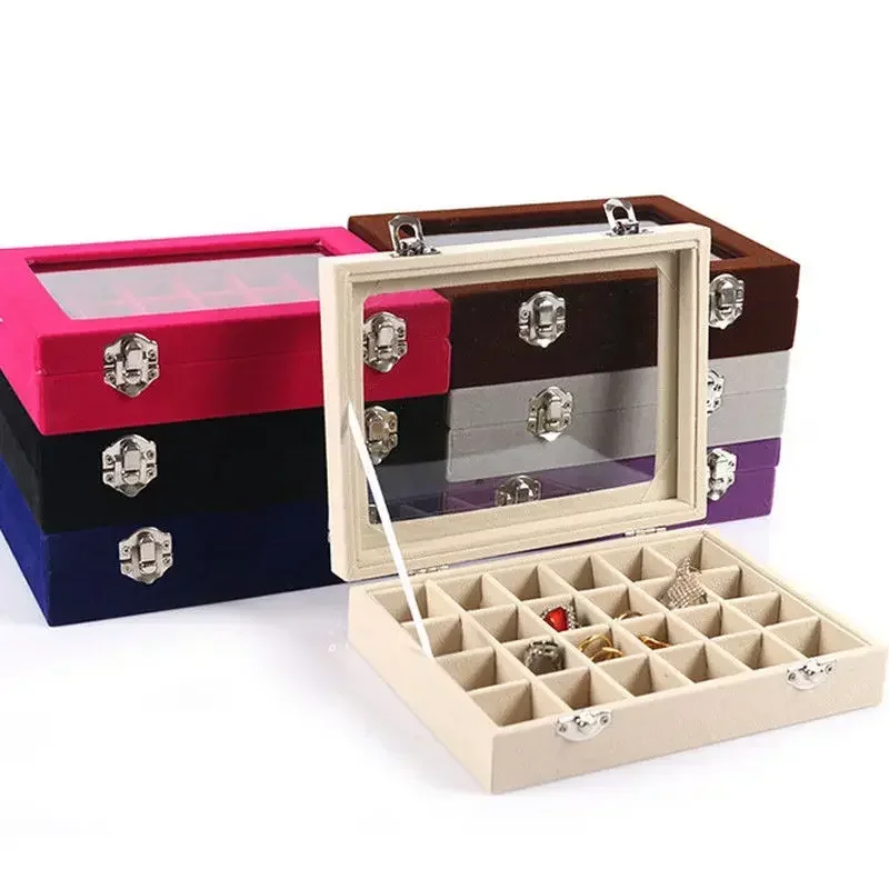 24 Grids Velvet Jewelry Box Rings Earrings Necklaces Makeup Holder Organizer Women Jewelery Storage Display 20*15*4.5cm