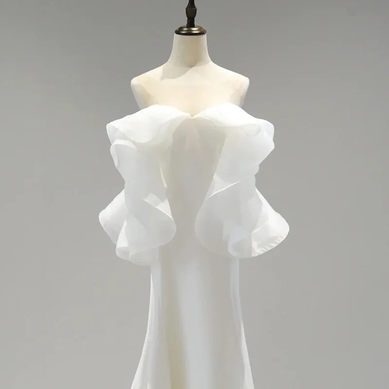 오프숄더 피쉬테일 라이트 웨딩드레스 새틴 스트랩리스 신부 약혼 생일 고급 호스트 슬림핏 드레스 맞춤제작