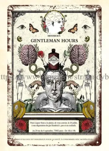 Hendricks gin gentlemen hours drink bar metal tin sign lodge cafe plaques