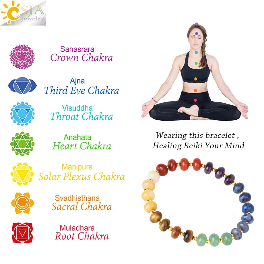 CSJA Reiki 7 Chakra Crystals Bracelet Real Natural Stone Beaded Bracelets for Stress Relax Anxiety Elastic Braided Jewelry H049