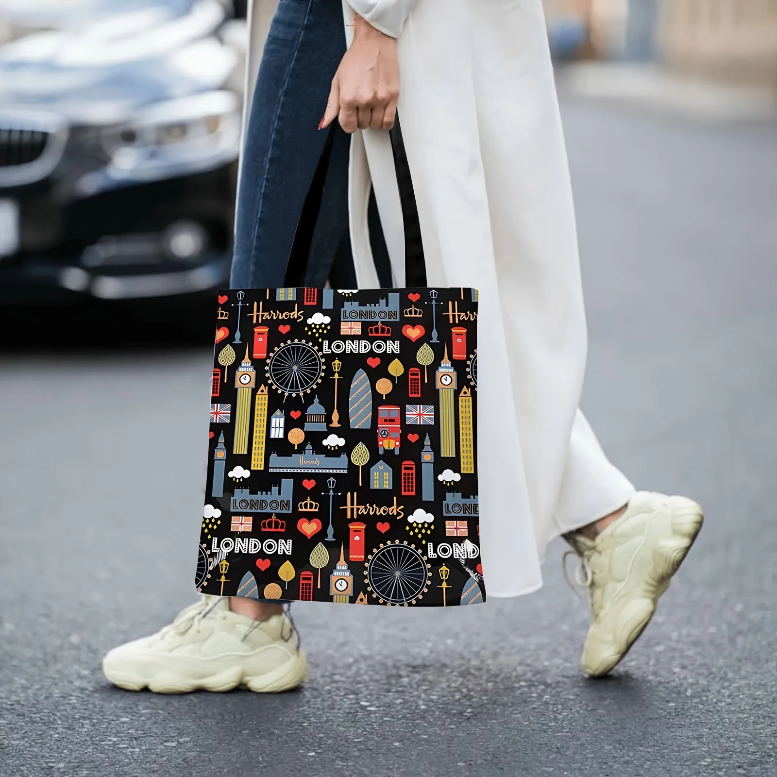 

Женская большая сумка London Icons — сумка через плечо с открытым верхом и принтами Big Ben, London Taxi, Red Bus — прочный полиэстер на каждый день