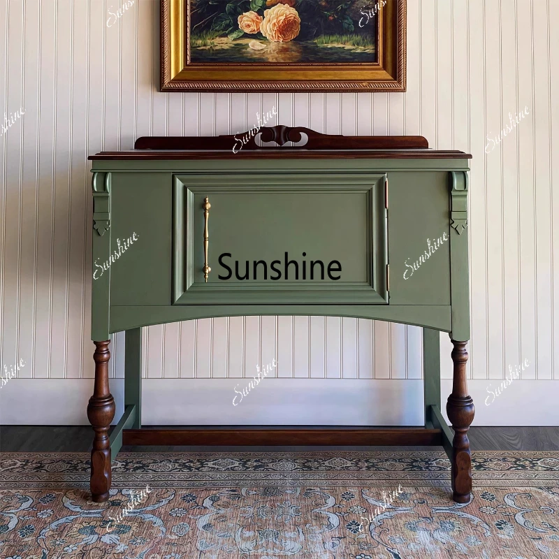 

American retro style porch cabinet solid wood carving flower storage, green door panel column support can be customized