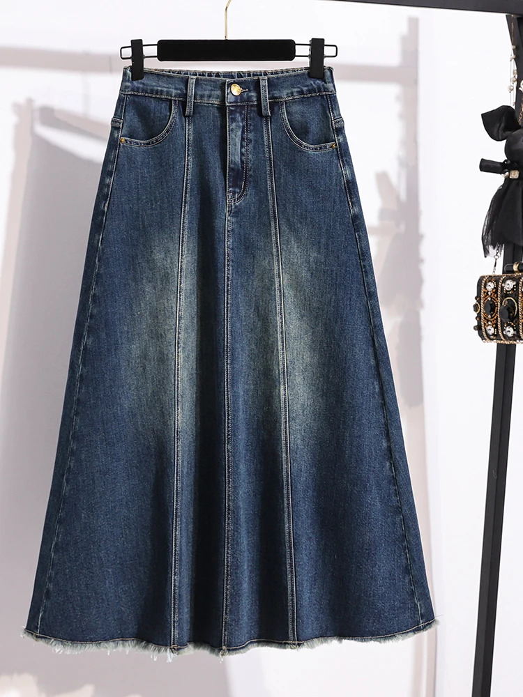 Fashionable A-Line Midi Skirt Elastic Waist Frayed Hem Commute Style Cotton Blend Polyester Fiber Silk Luster Loose Fit