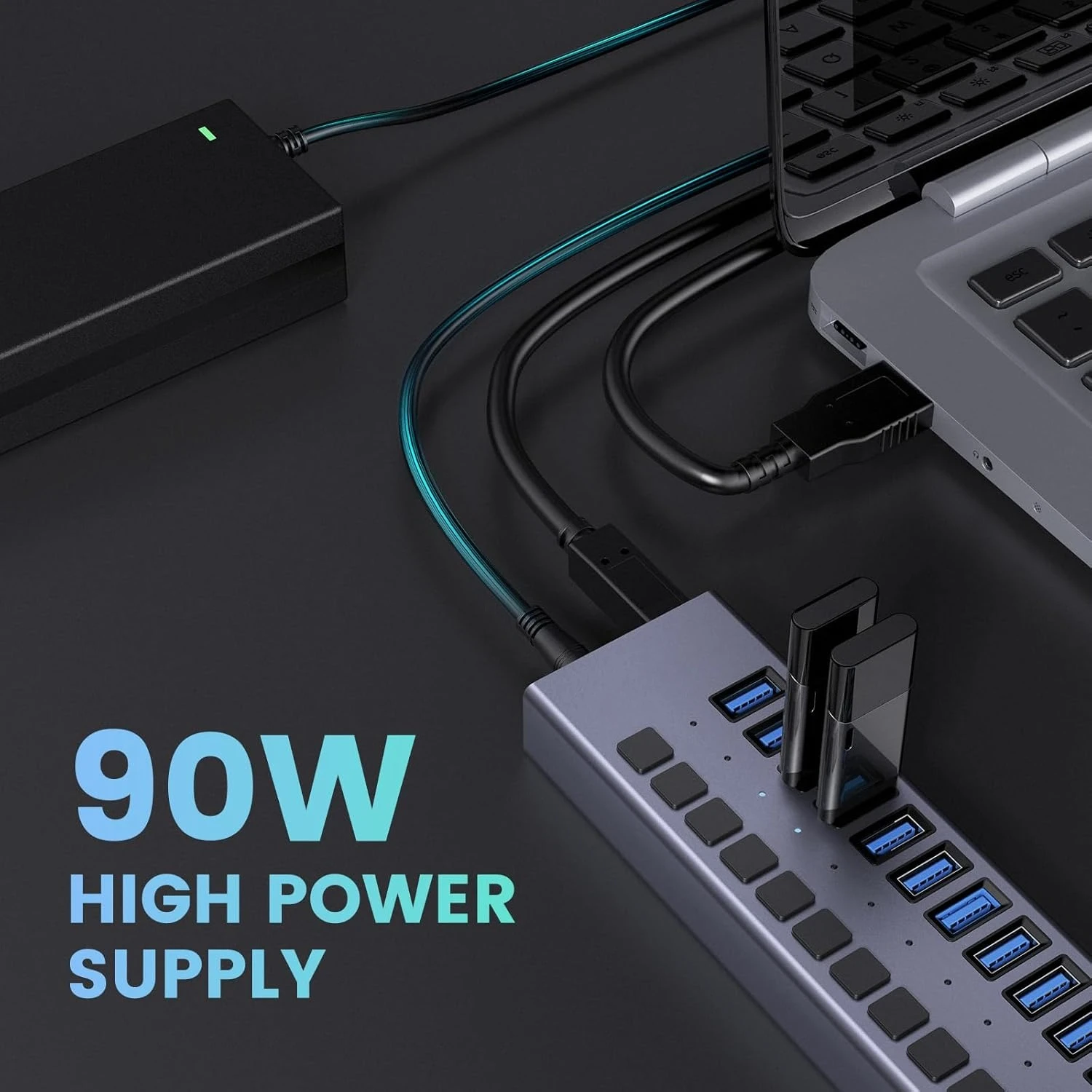 محور USB يعمل بالطاقة 90 وات - 16 منفذ بيانات USB 3.0، غلاف من الألومنيوم، مفاتيح تشغيل/إيقاف فردية، شعبية جديدة