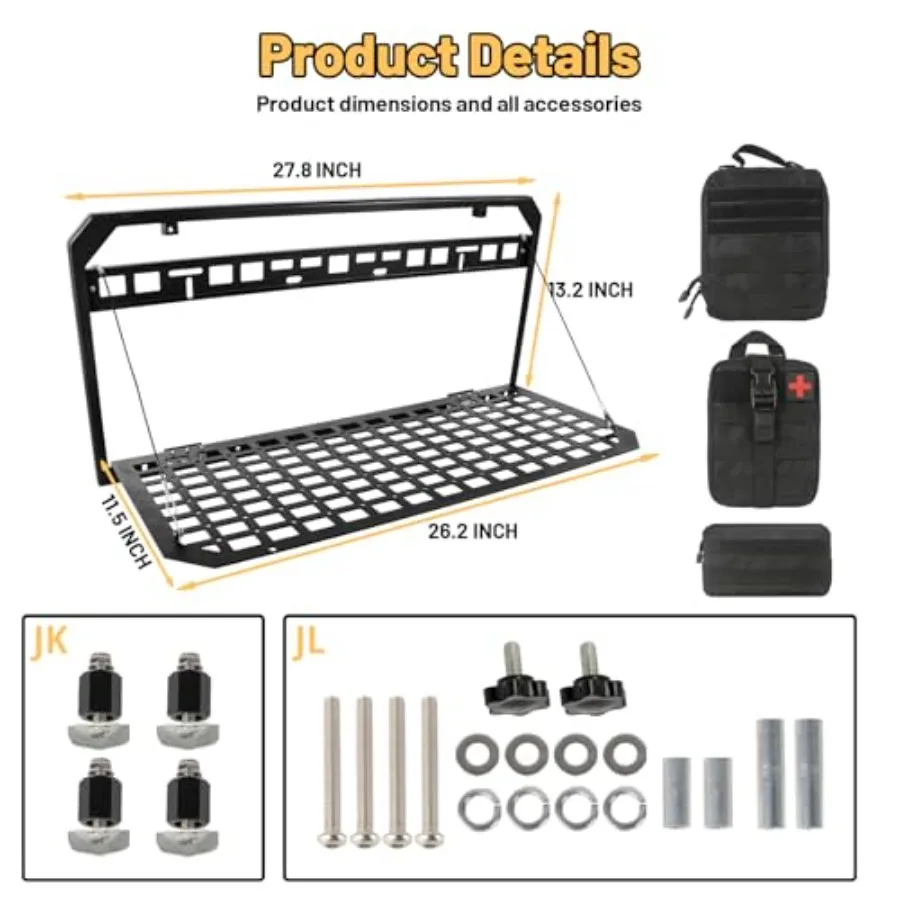 Portaoggetti posteriore pieghevole con pannello MOLLE e 3 borse portaoggetti per Jeep Wrangler JKU JL JLU 20172024 Tavolo portellone Compa