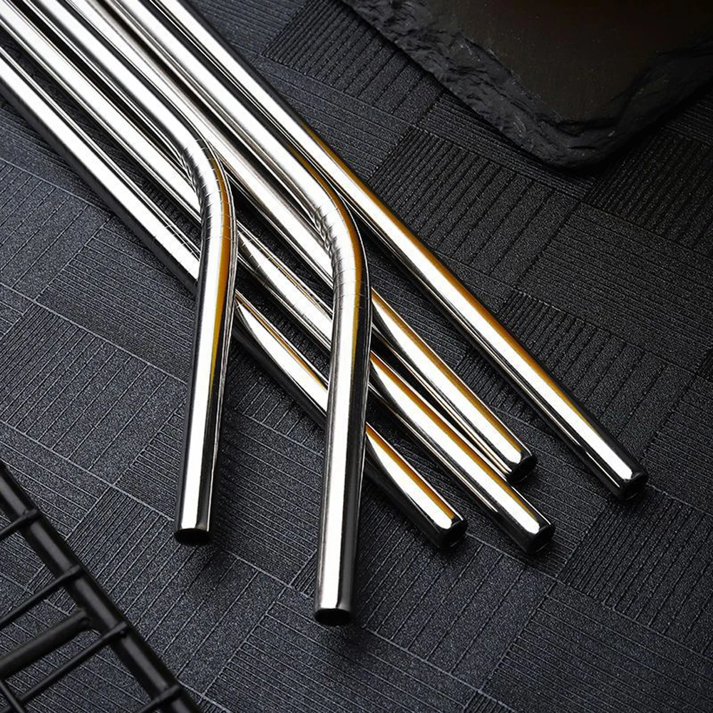 Reusable Metal Drinking Straws 304 Stainless Steel Sturdy Bent Straight Drinks Straw with Cleaning Brush Bar Party Accessory