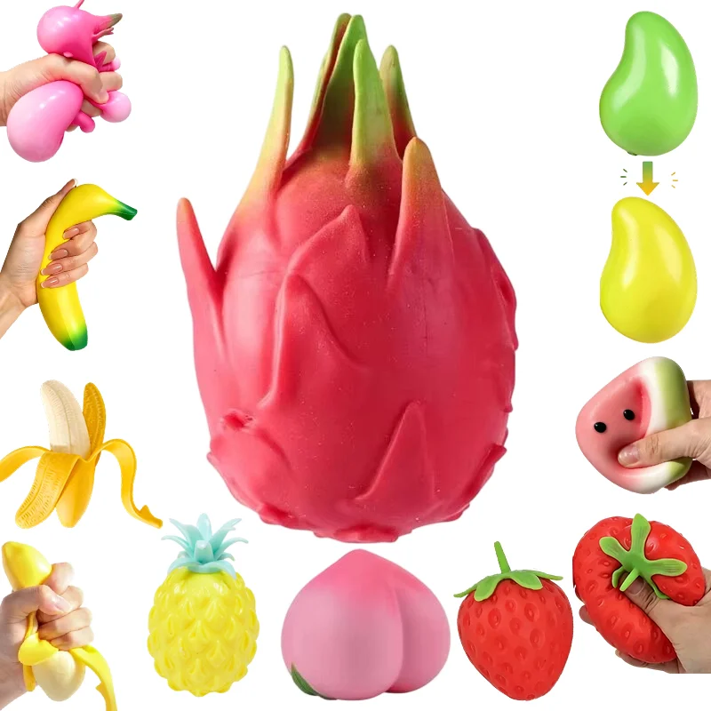 8 rodzajów gniotek, zabawki antystresowe w kształcie smoczego owocu/brzoskwini/mango/banana/truskawki/ananasu, prezenty na imprezy, do łagodzenia stresu i odprężania.