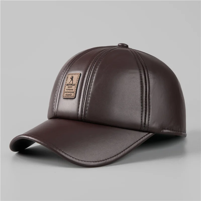 Middle-aged and Elderly Men Fashion Leather Baseball Cap Winter Warm and Cold Cap Outdoor Leisure Ear Protection Rebound Cap