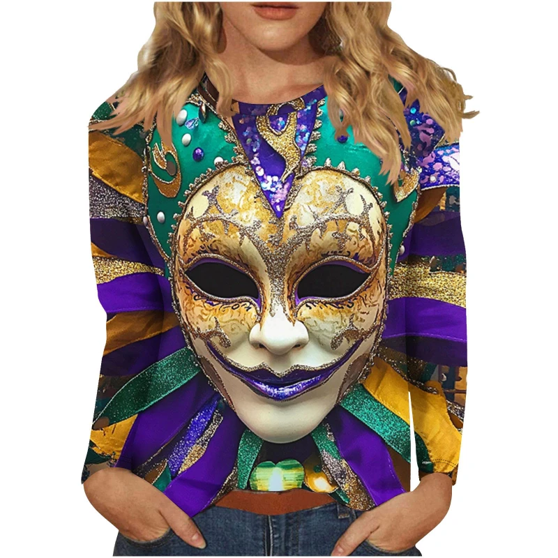 New Mardi Gras Women Men Long Sleeve T Shirt 3d Printed Mask Graphic T-shirt Carnival Spring Casual Outdoor Vacation Streetwear