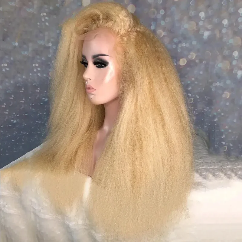 Perruque Lace Front Wig sans colle blonde 180, 26 pouces, cheveux crépus lisses, longue, pre-plucked, avec baby hair, densité 613, 03