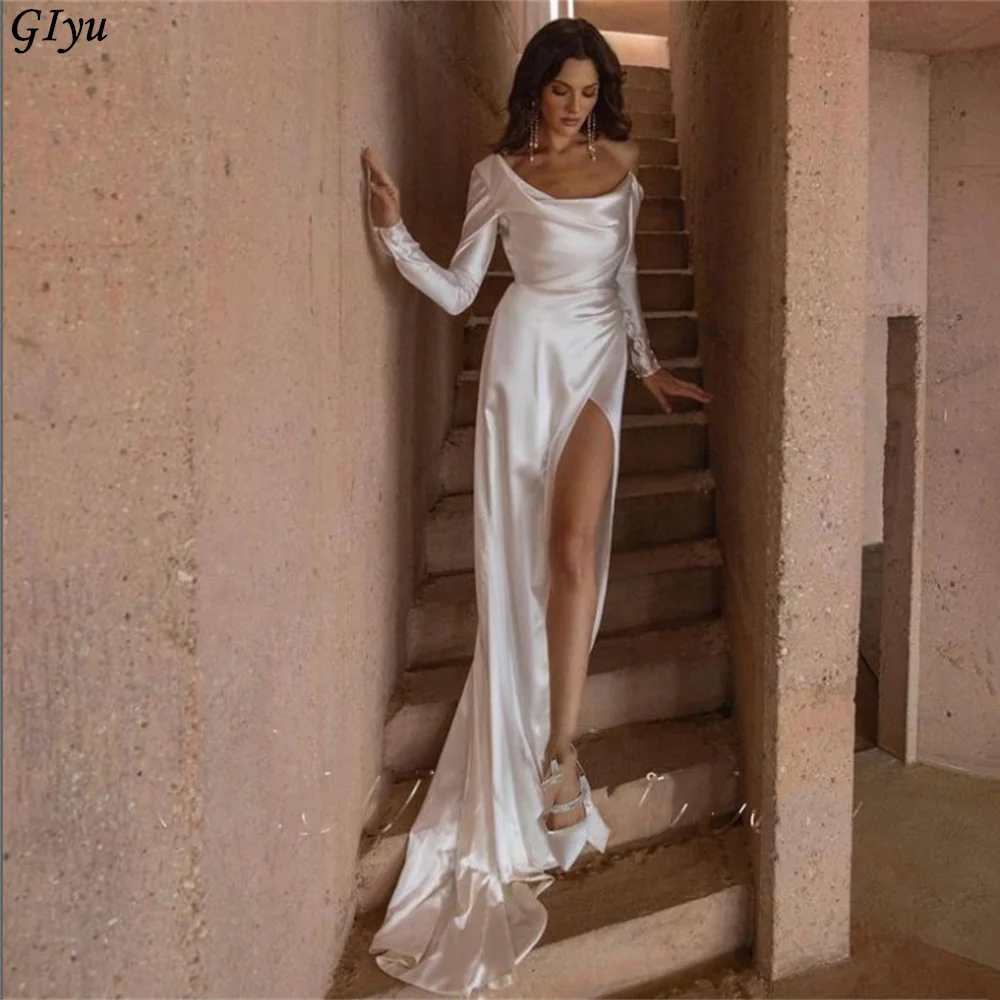 Giyu Classic Long Sleeves One Shoulder Bridal Gown Stain Mermaid Wedding Dresses High Side Slit Floor Length Vestido Customized