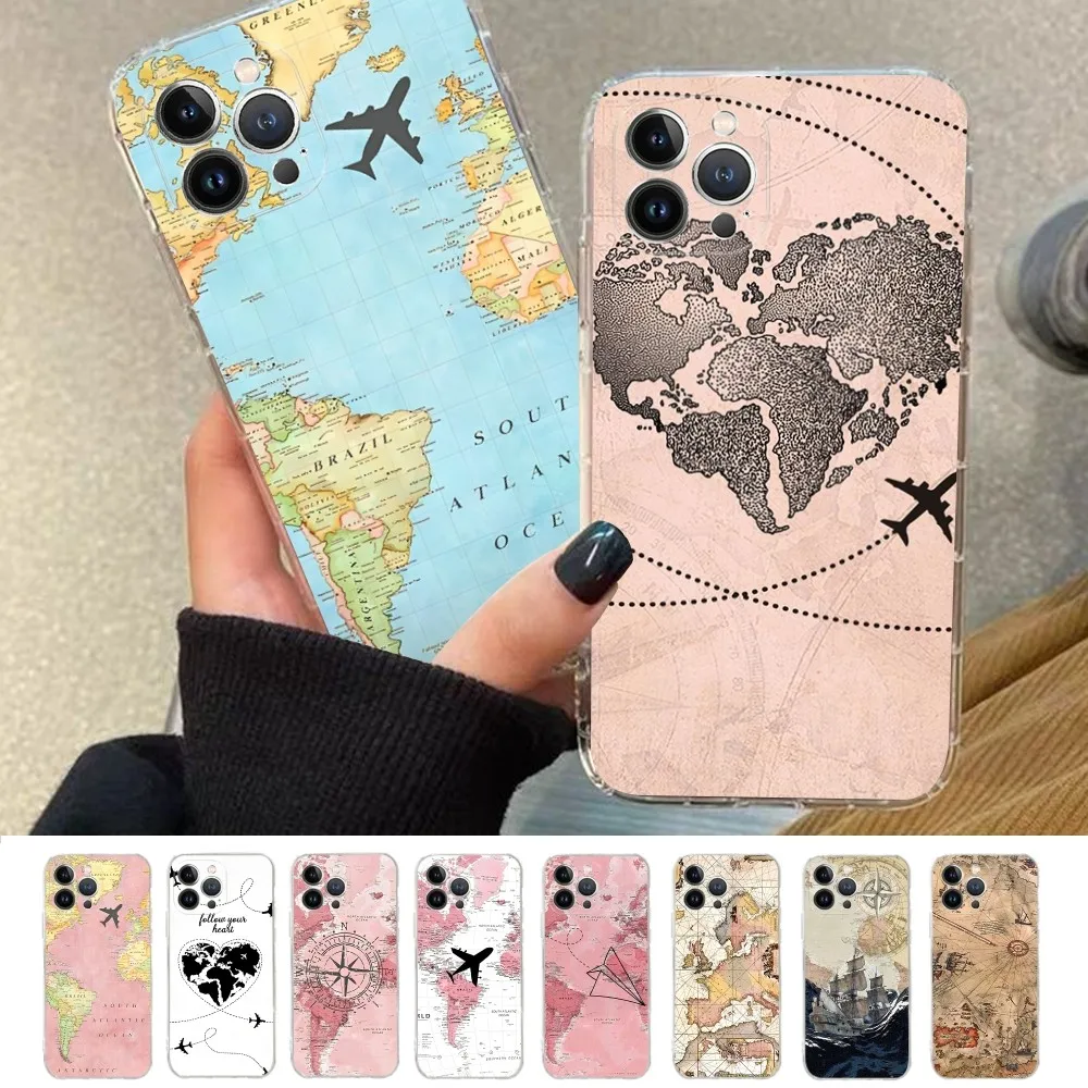 World M-Map Travels Phone Case For iPhone 14 13 12 Mini 11 Pro XS Max X XR SE 6 7 8 Plus Soft Silicone Cover