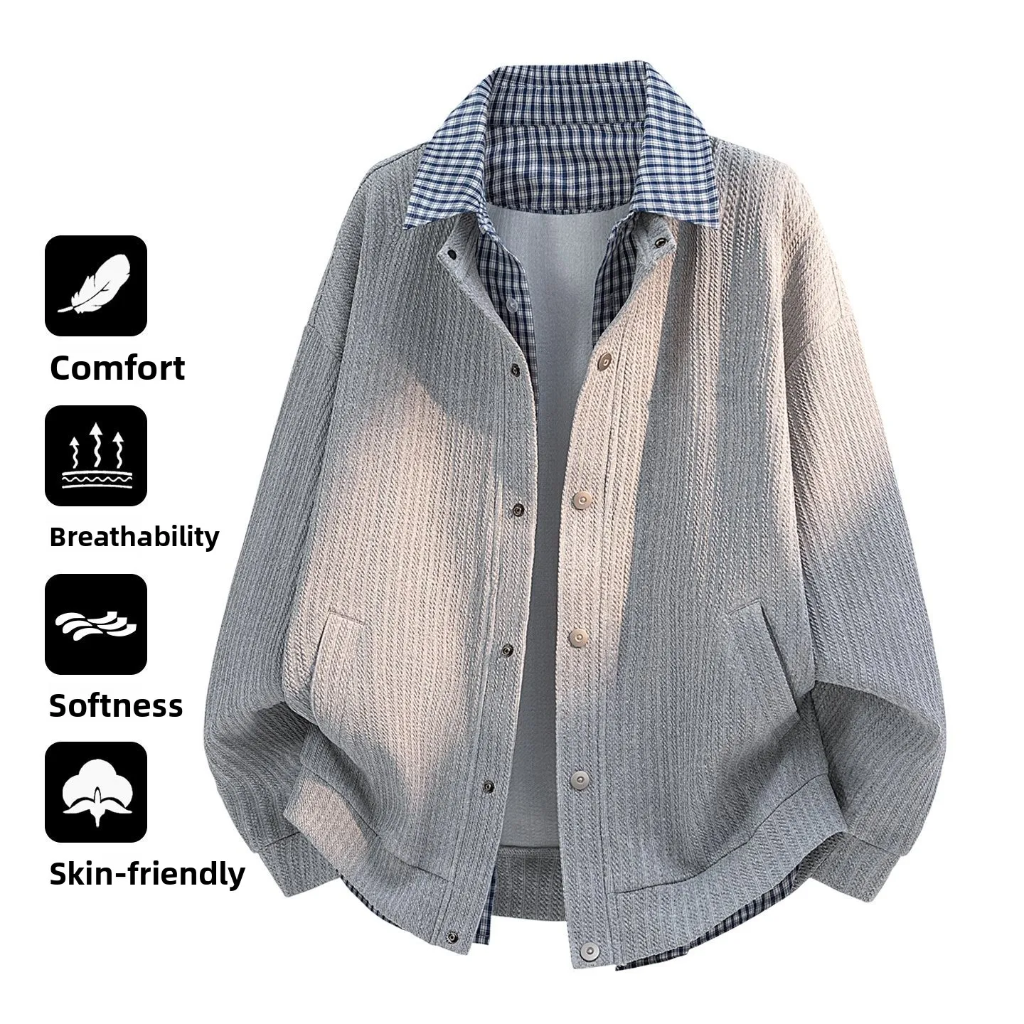 

American Sle Plaid irt Collar Jaet Men's Baseball Coat Thin Long Sve Core Velvet Spring Faion Outerwear Coat