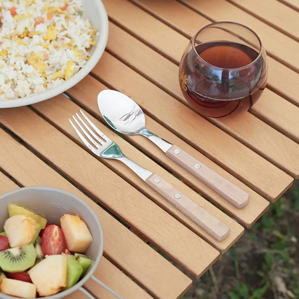 ملعقة شوكة من الفولاذ المقاوم للصدأ بمقبض طويل، مجموعة أدوات مائدة محمولة قابلة للطي من الفولاذ المقاوم للصدأ مع خشبية للمشي لمسافات طويلة في الهواء الطلق #4