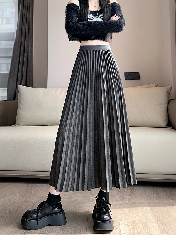 High Waist A-Line Midi Skirt Women's Spring Autumn Plaid Slimming Hip Covering Korean Style Pleated Long Skirt Maxi Skirt