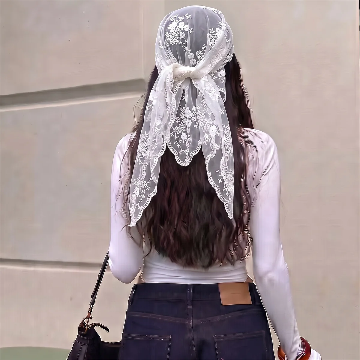 Women Floral Vine Embroidery Triangle Scarf Lace Floral Pattern Triangular Shawl Scalloped Edge Lightweight Sheer Wrap Fashion