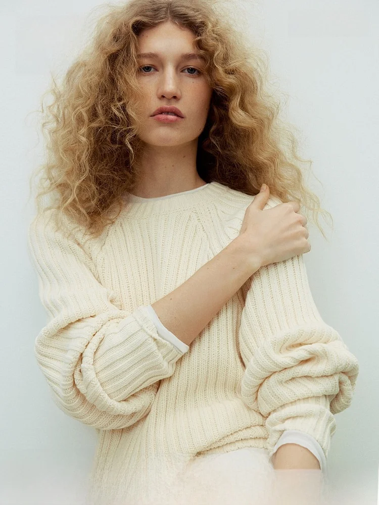 

Spring New Arrival Women's Knitted Ribbed Top H&M Casual Fit Sle Comfortable Cotton Acrylic Blend Overhead Sweater