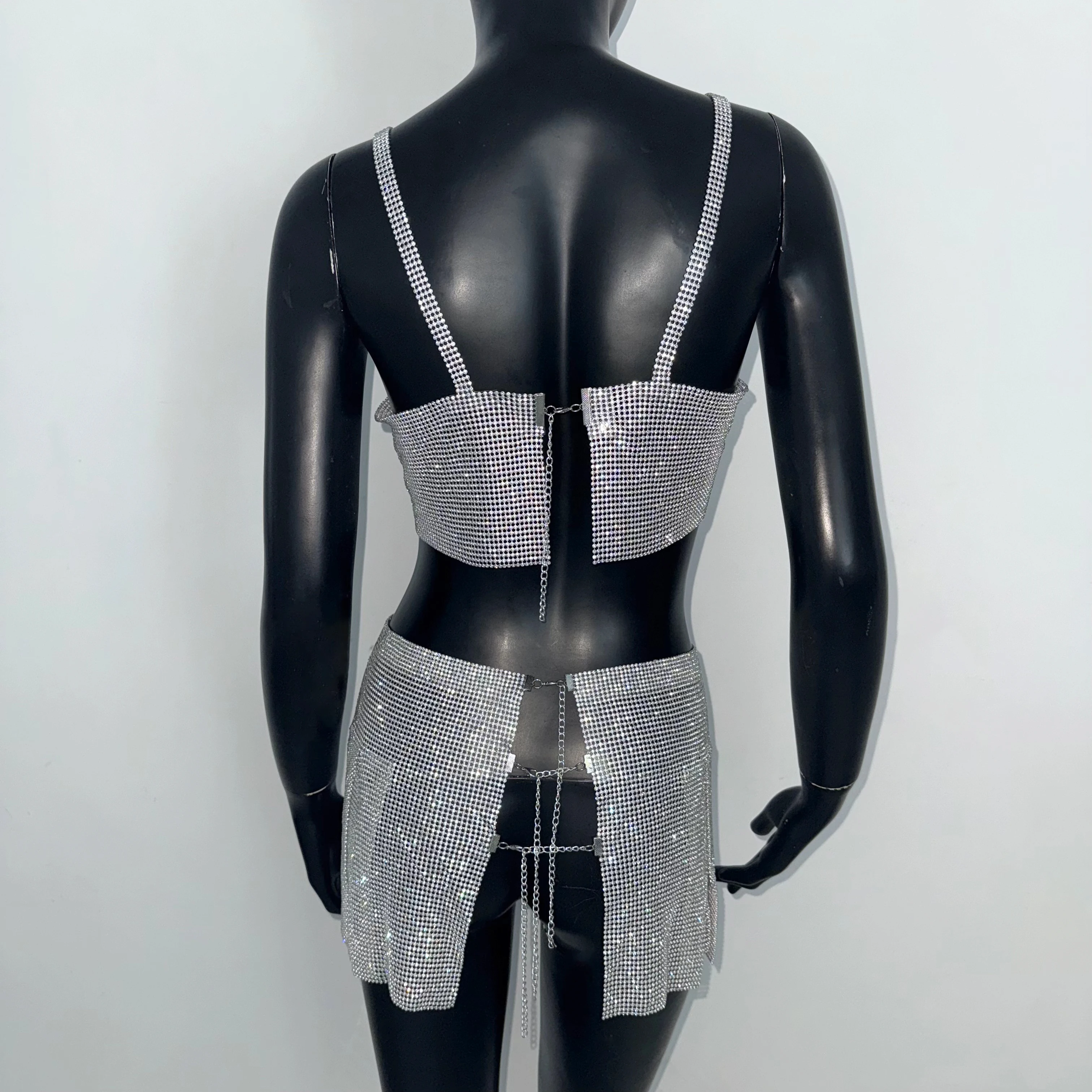 Feminino 2 peça conjunto glitter strass sem costas regata com lantejoulas de metal lado split mini saia verão rave festival outfits