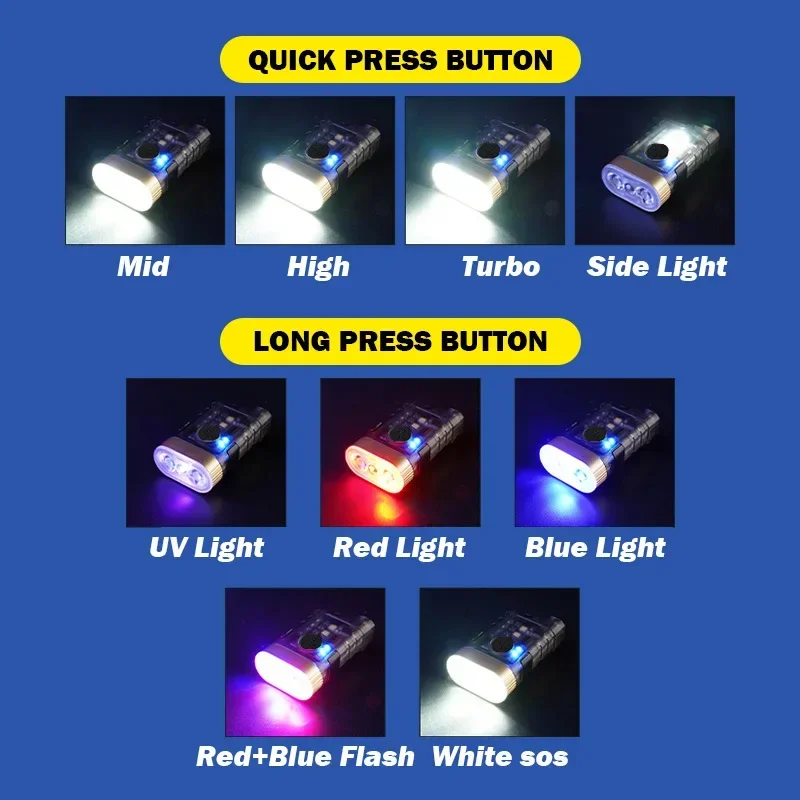 Pocket Emergency Light Mini LED Flashlight Waterproof Work Light Rechargeable Keychain Light 395nm UV Light Keychain Flashlight