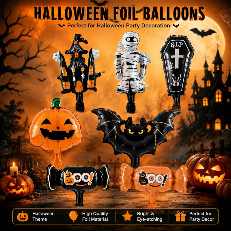 5-teiliges Halloween-Folienballons-Set Fledermaus Kürbis Süßigkeiten Geisterhaus Geformte Aluminiumfolienballons für Halloween-Party-Dekoration – Detail 5
