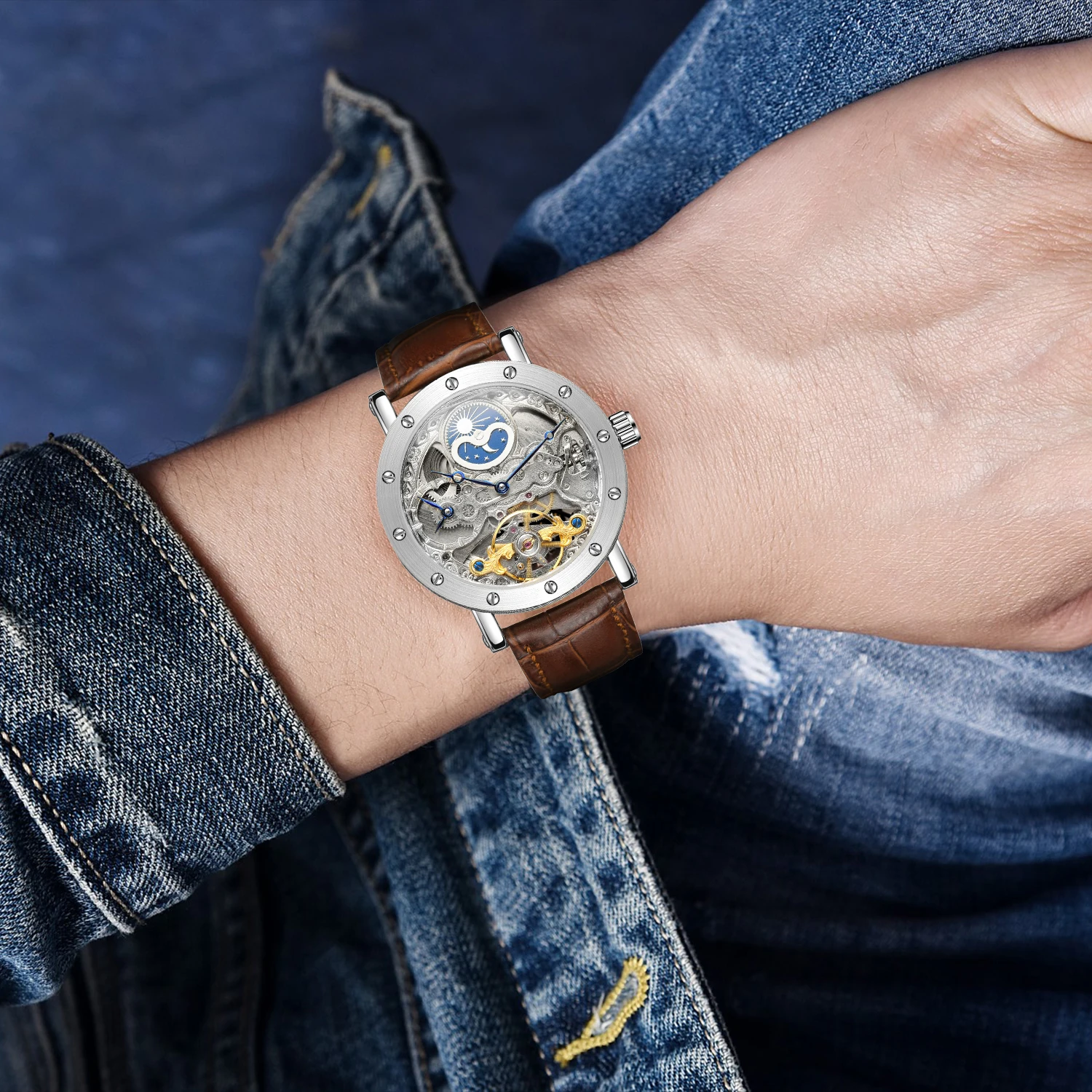 SKROX Gstuff-Montre-bracelet mécanique étanche pour homme, phase de lune, mouvement automatique, horloge, original, haut de gamme, luxe, homme, aaa