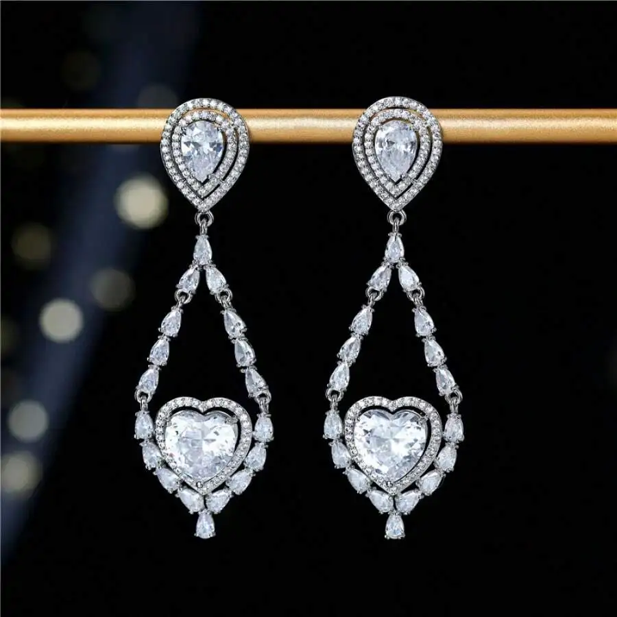 

Heart Shaped Long Drop Earrings For Women, Elegant Fashion Jewelry With Zircon Crystals
