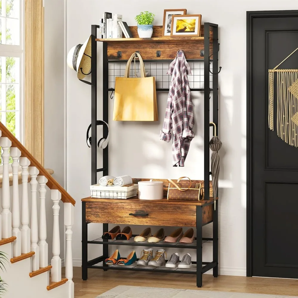 شجرة القاعة مع مقعد، وحدة تخزين الأحذية، ورف معطف المدخل يتميز بنمط صناعي وأدراج لـ 12 خطافًا