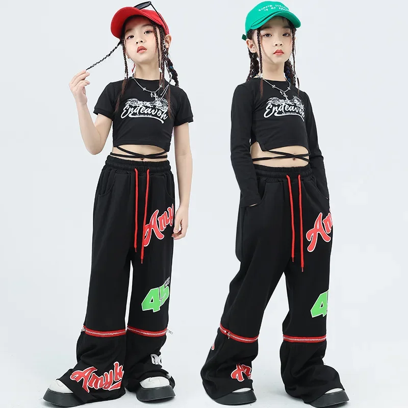 키즈 힙합 의류 레이스 업 자르기 탑 긴 소매 티셔츠 검은 글자 스트리트 플레어 바지 소녀 재즈 댄스 의상 옷