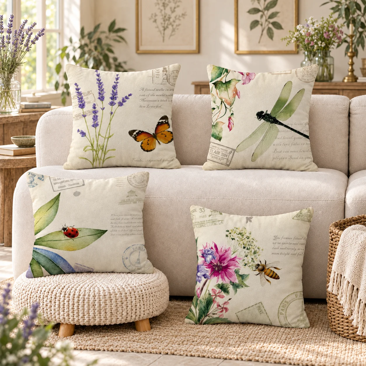 1/4PC Vintage Botanical Insect Postcards Cushion Cover Short Plush Double-Sided Print Soft Cozy Sofa Living Room Home Decor Gift