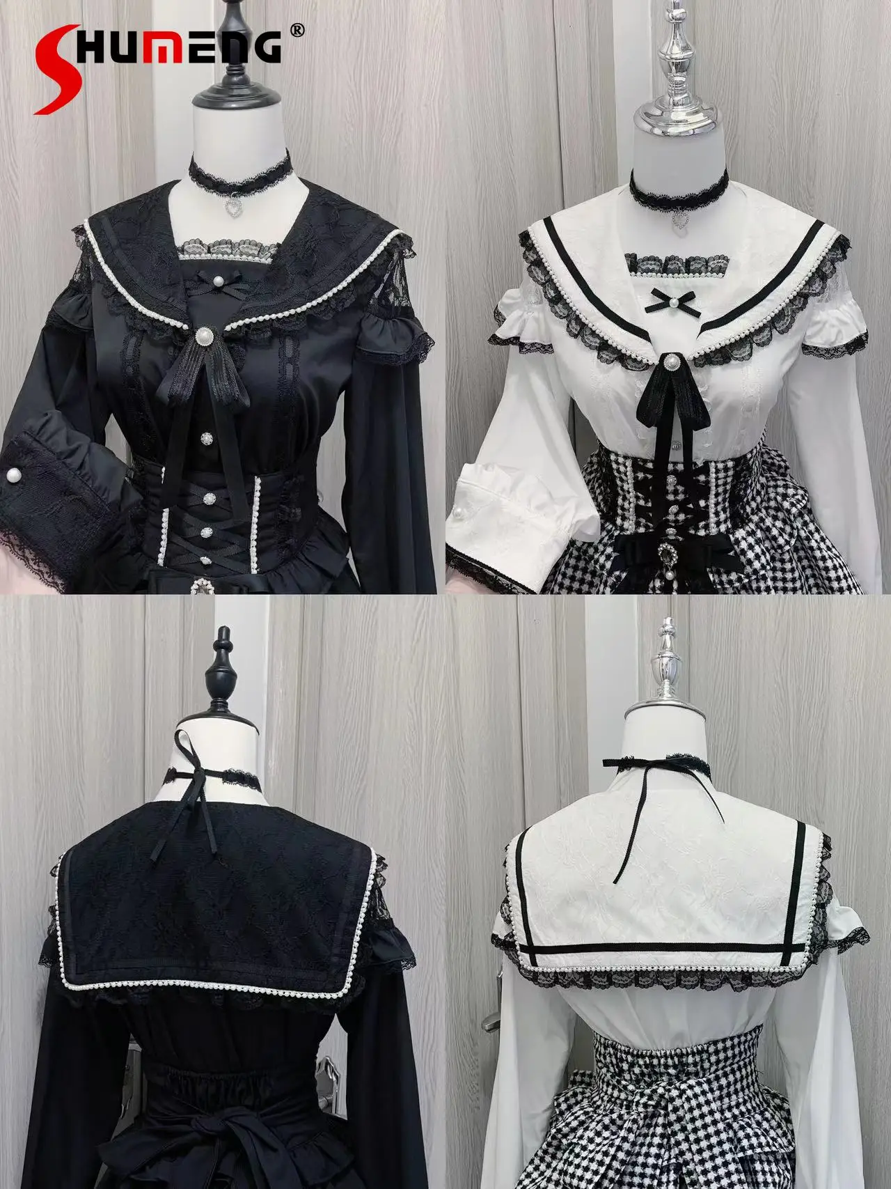 Original Mass-produced Mine Series Japanese Lolita Shirt Female Navy Collar Bow Lace Splicing Long-sleeved Shirt Tops Y2k Skirt