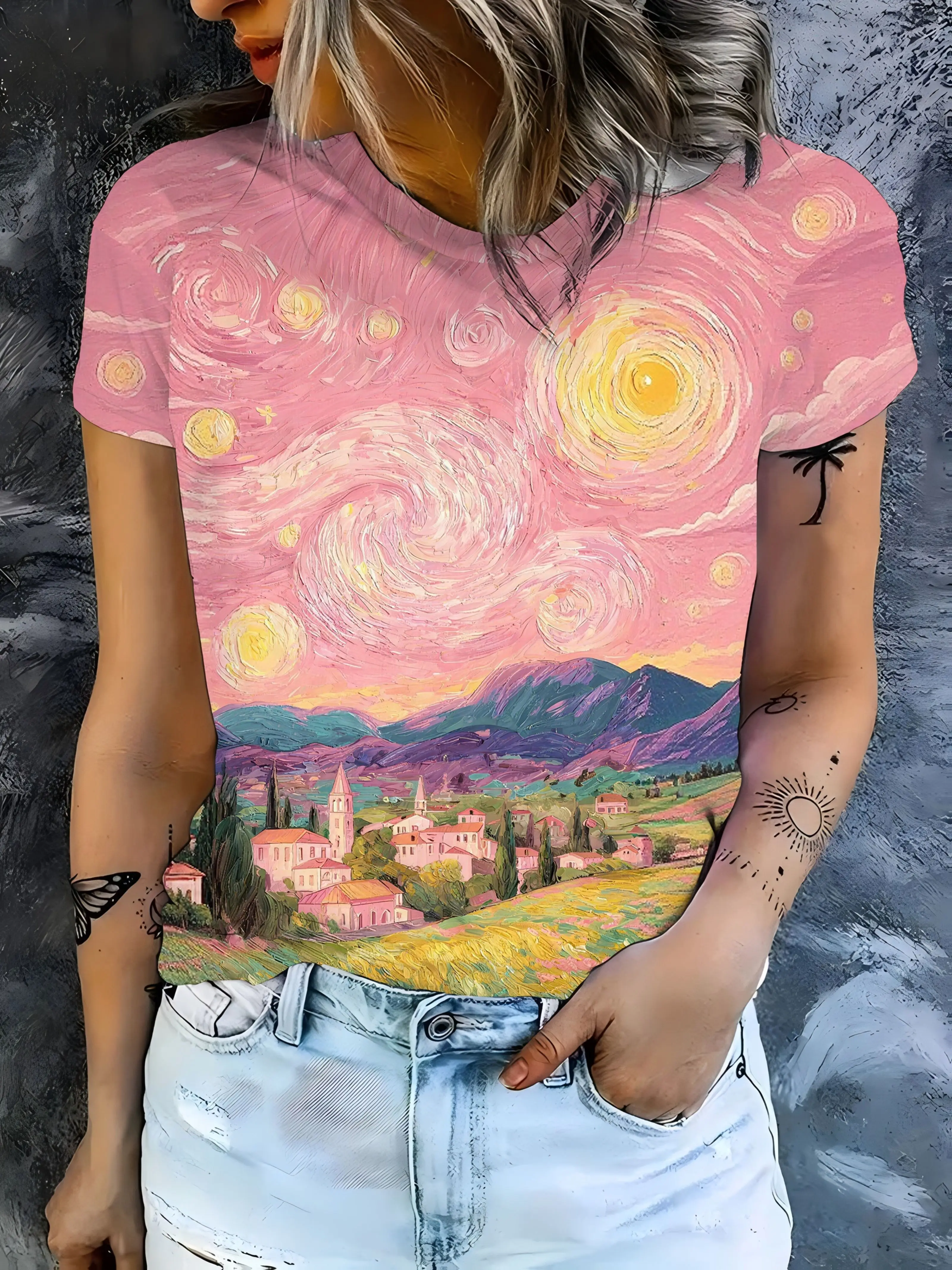 Women Crew Neck Short Sleeve T-shirt Pink Van Gogh Style Starry Sky Village Oil Painting Print Casual Artistic Summer Daily Top